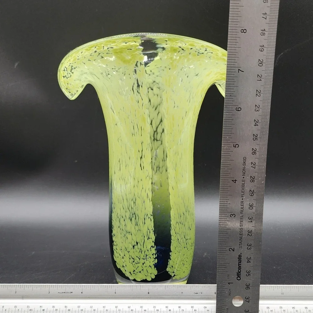 Vintage Yellow Blue Art Glass Tulip Vase Hand Blown MCM Retro Decor Gift